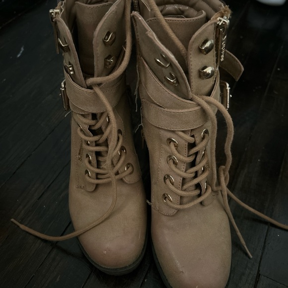 Guess Tan Lace Up Boots with Gold Accents - Picture 2 of 5
